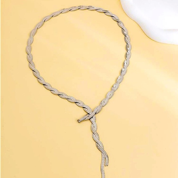 Y Lariat Sterling Silver Twisted Herringbone Statement Necklace Choker - Picture 2 of 5